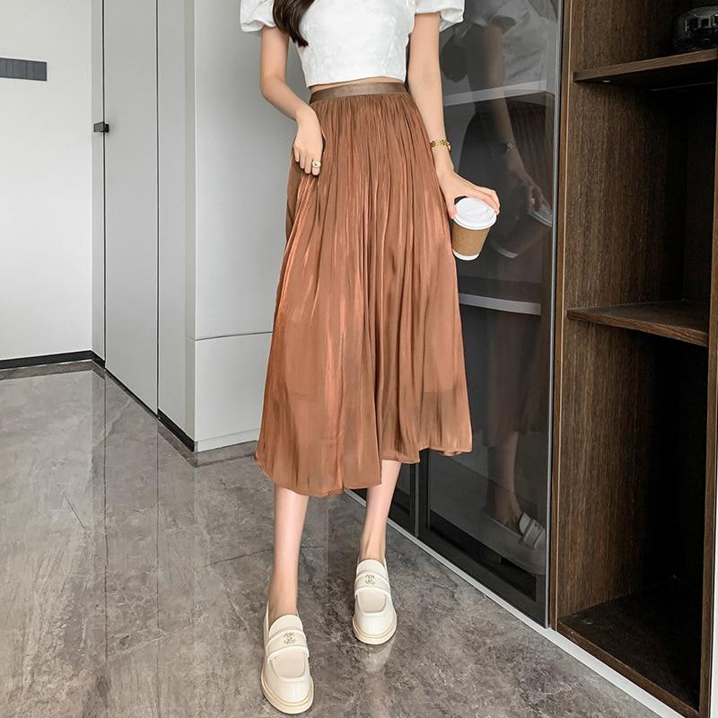 Модная однотонная юбка-трапеция из шифона для женщин 2023 года, летняя плиссированная юбка с высокой талией, женские свободные узкие сетчатые юбки 7 цветов 25747