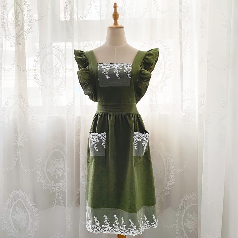 Washed Cotton Linen Lace Kitchen Aprons Flower Shop Garden Ruffles Work Clean Apron for Woman Dress