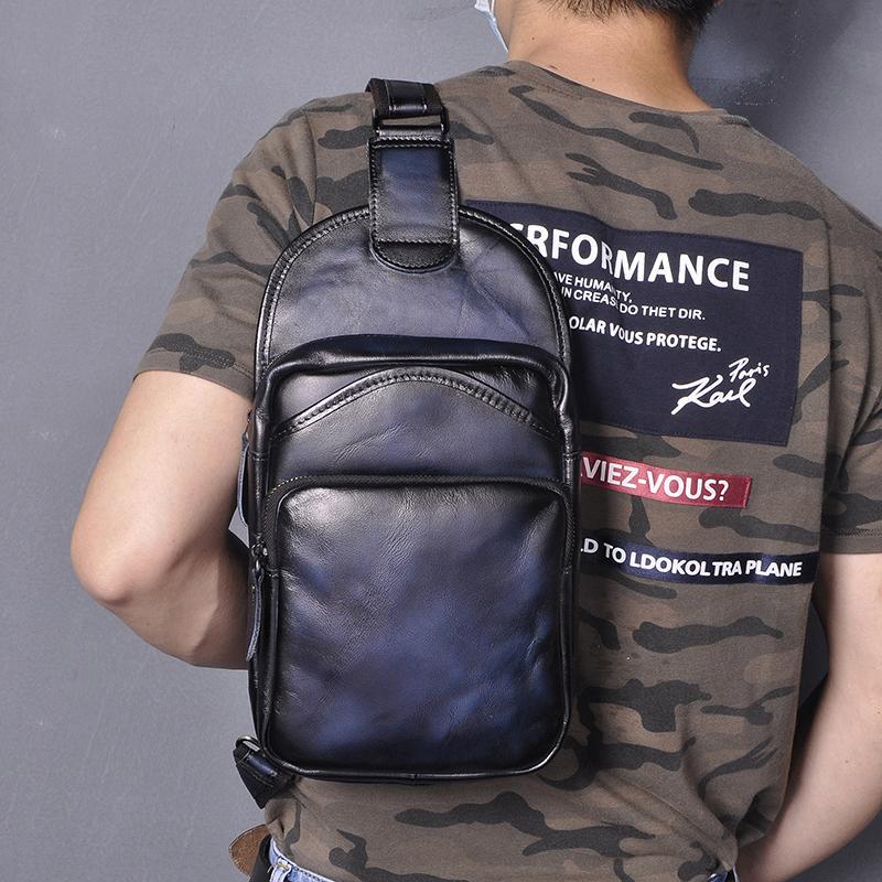 Мужская сумка Crazy Horse из натуральной кожи, повседневная модная синяя треугольная сумка на груди, дизайнерская дорожная сумка через плечо на одно плечо