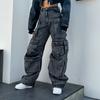 Уличные хипстерские брюки сшиты со множеством карманов, стильные прямые свободные повседневные джинсы с высокой талией и широкими штанинами