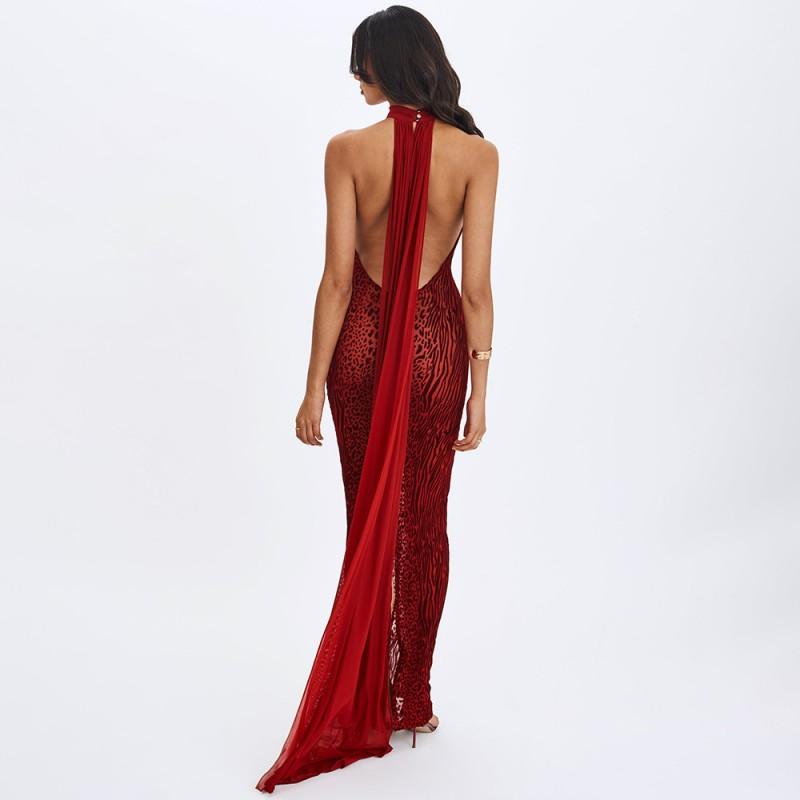 Womens Halter Backless Printed Maxi Dress Sexy Slim Fit Split With Ribbon Streetwear