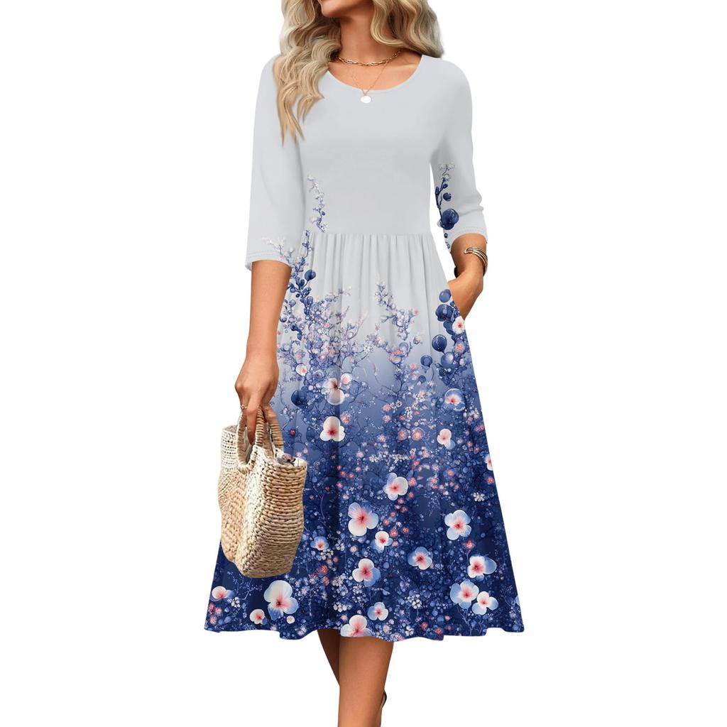 3/4 Sleeve Women's Dress Casual Flowy A-Line Midi Tshirt Dresses With Pockets Crewneck Vocation Boho Beach Sundress