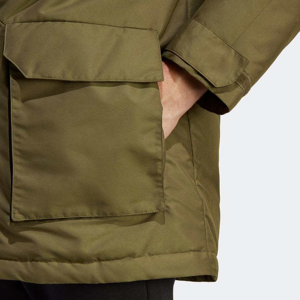 Adidas Sports Lifestyle Series Simple Hooded Zipper Pocket Warm Parka Drop Shoulder Long Sleeve Down Jacket Men Outerwear Dark-Olive-Green HK6664