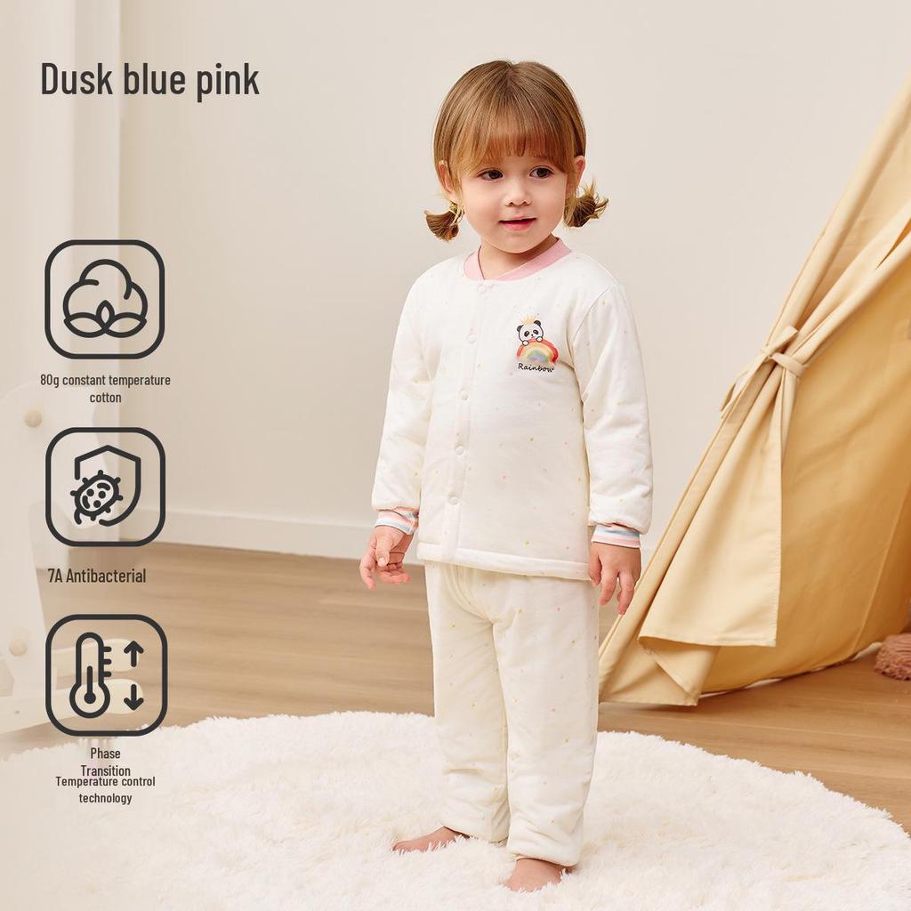 Детский пижамный комплект Jingqi из стеганого хлопка с высокой талией и защитой животика - Теплая, регулирующая температуру домашняя одежда для осени и зимы