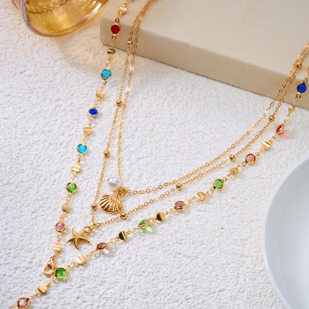 Bohemian Long Layered Copper Chain Necklace Set with Shell And Starfish for Women Elegant Personality Y-Chain Collarbone Chain