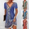 Summer V Neck Floral Printed Dress for Women Vintage Casual Loose Fit Short Sleeve Comfortable Elegant Beach Dress S-5XL