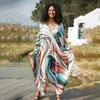 Beach Cover Up Geometric Printed Kaftans for Women Viscose Handmade Waved Maxi Dresses Summer Holiday Bathing Suits