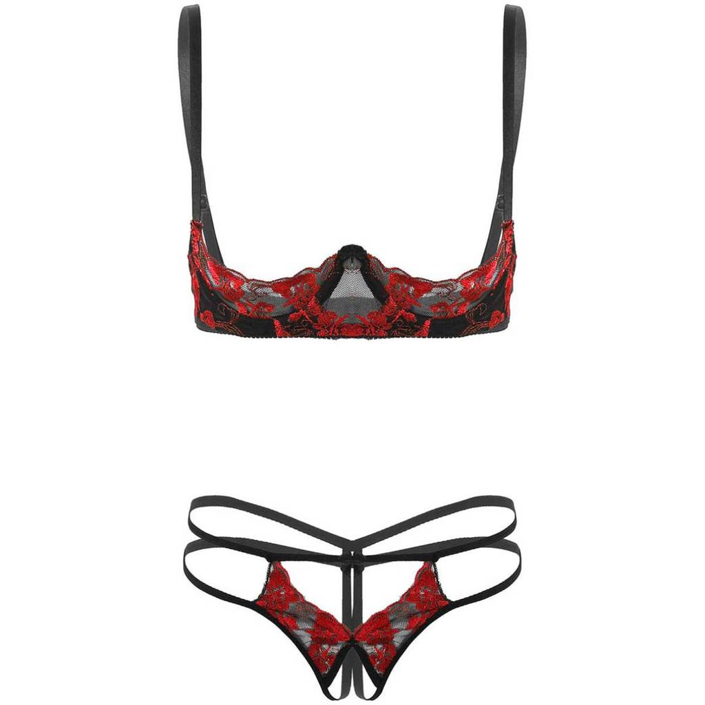 Женский комплект кружевного нижнего белья с вышивкой, бюстгальтер без подкладки на 1/4 чашки с трусиками, нижнее белье-стринги