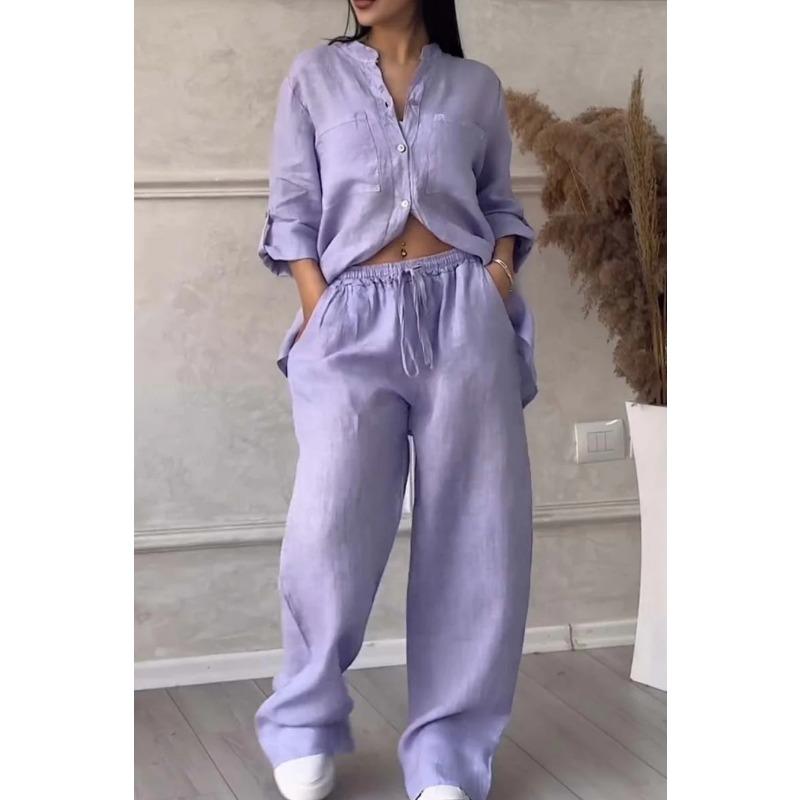 Весенне-осенняя женская однотонная однобортная рубашка с длинным рукавом, широкие брюки, брючный костюм со шнуровкой