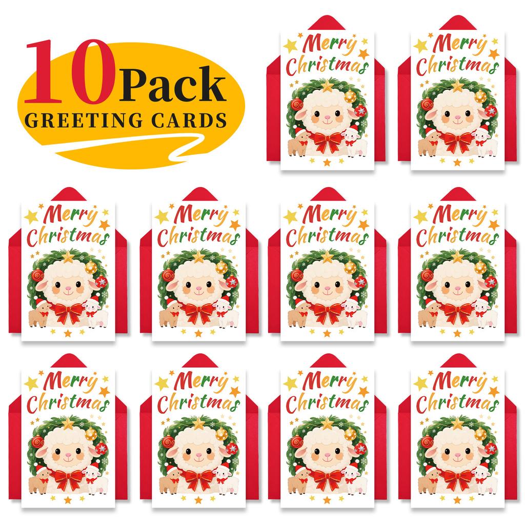 10PCS Cute Cartoon Christmas Greeting Cards Set with Envelopes, Large Size Hand-drawn Xmas Cards for Holiday Wishes & Gifts