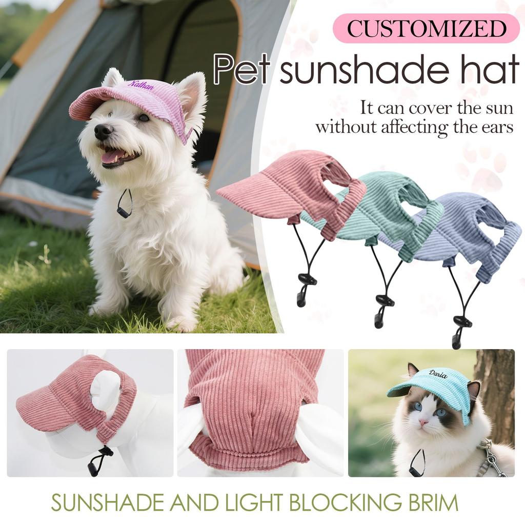 Personalized Custom Embroidery Pet -shedding Exposed Ears Adjustable Rope Buckle Corduroy Hat For All Seasons Universal Outdoor Small Dog Sun Hat