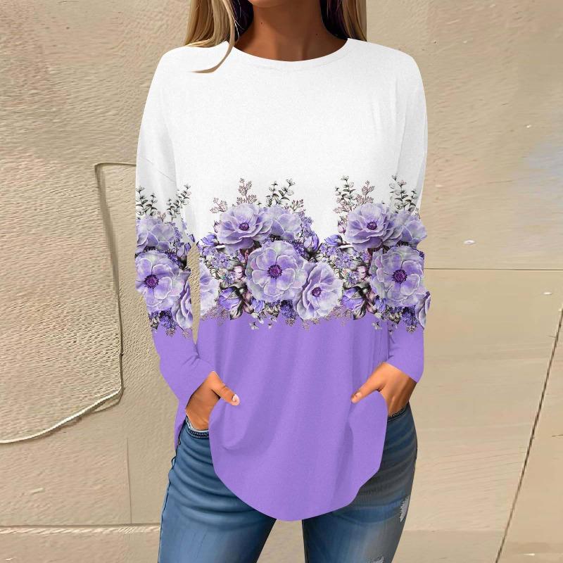 Повседневный топ с круглым вырезом и длинным рукавом, цветочная модная женская футболка большого размера с 3D-принтом, женские осенние свободные топы