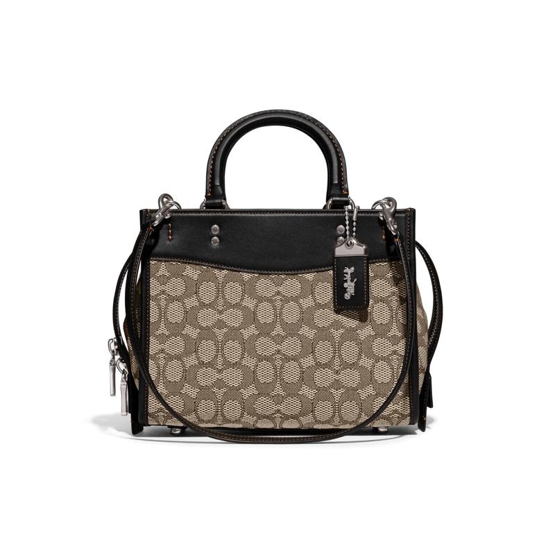 COACH Rogue 25 classic old flower jacquard zipper closure fabric and glove-tanned leather shoulder crossbody tote medium women's gray and black