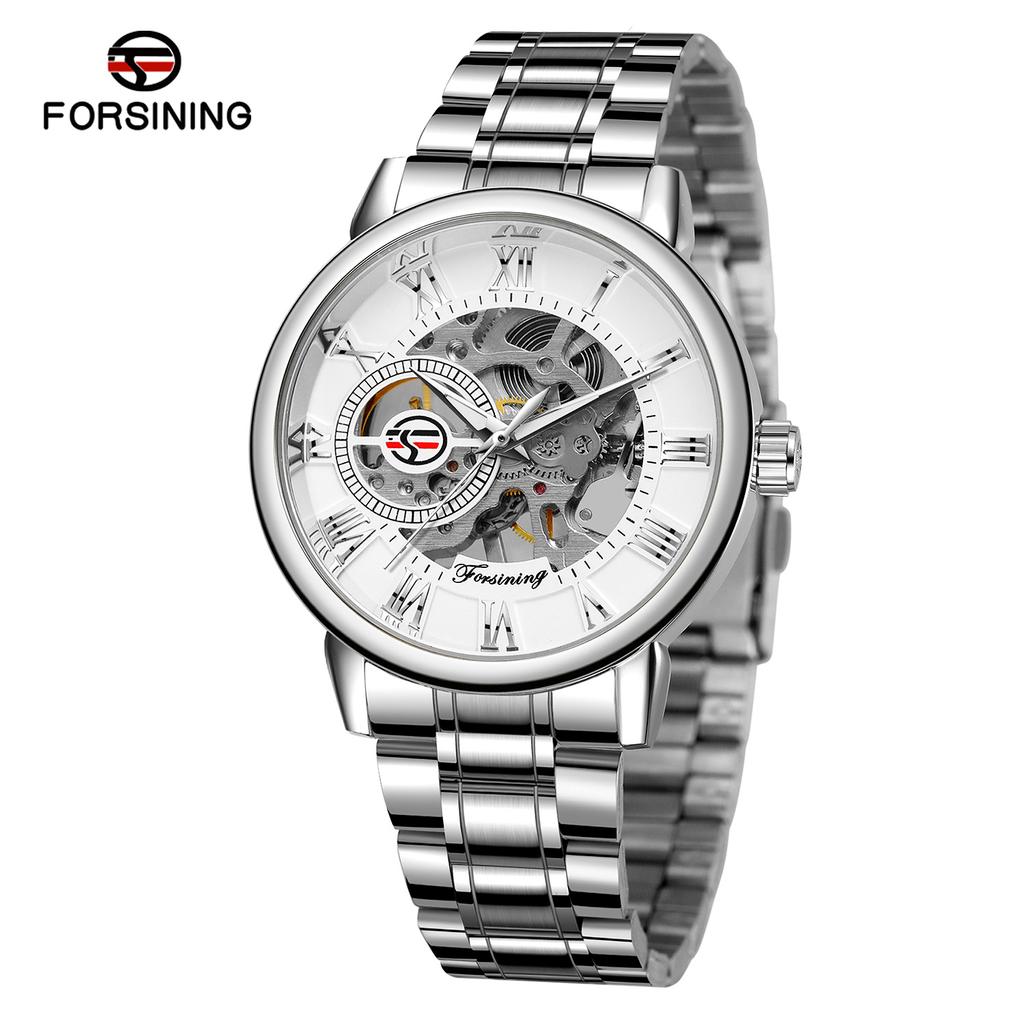 Forsining Часы Мужские модные повседневные золотые часы со стальным ремешком скелетонизированные механические часы