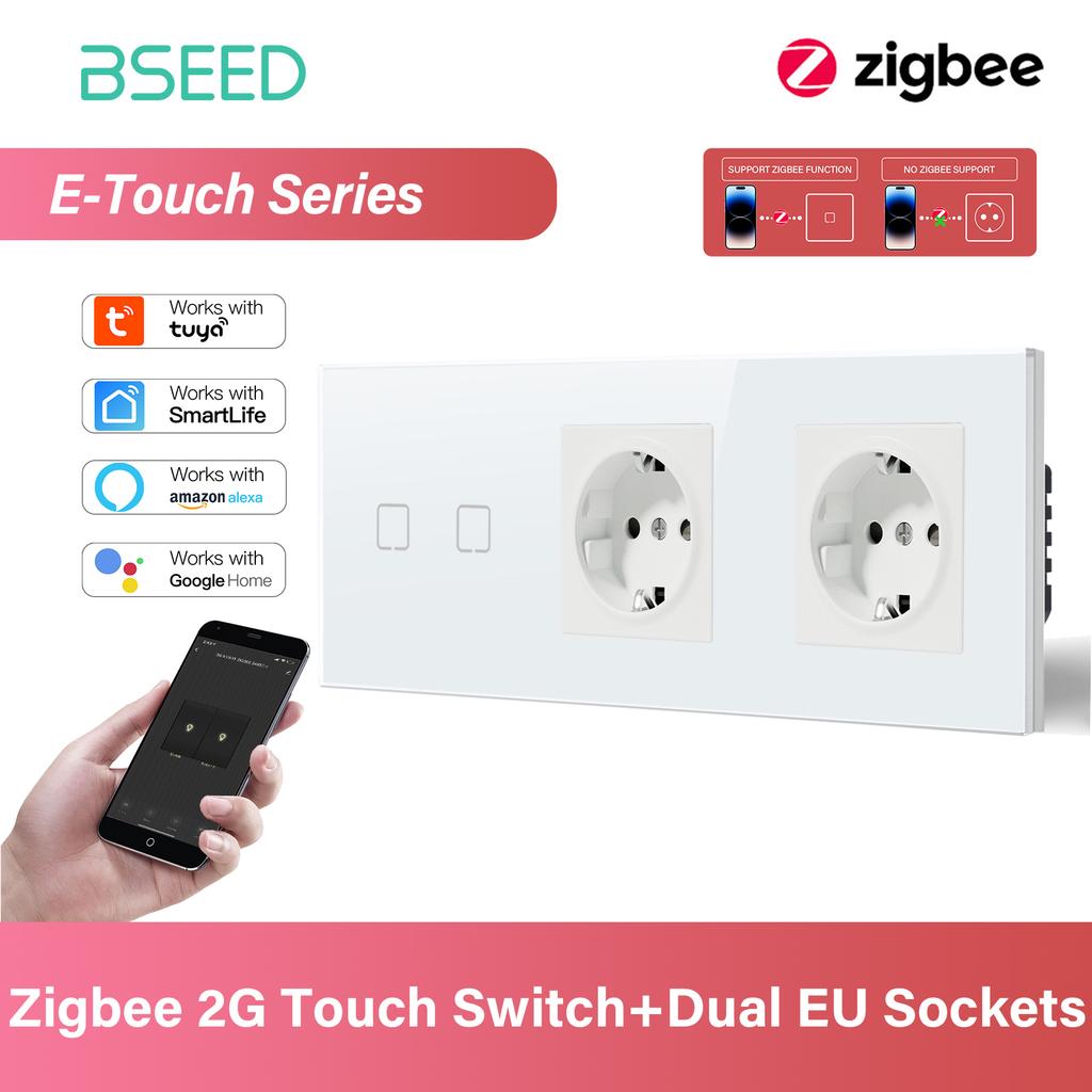 BSEED 1/2/3/4-клавишный сенсорный выключатель Zigbee, стекло с розетками EU, умный настенный выключатель света, сенсорный экран, подсветка, серия E