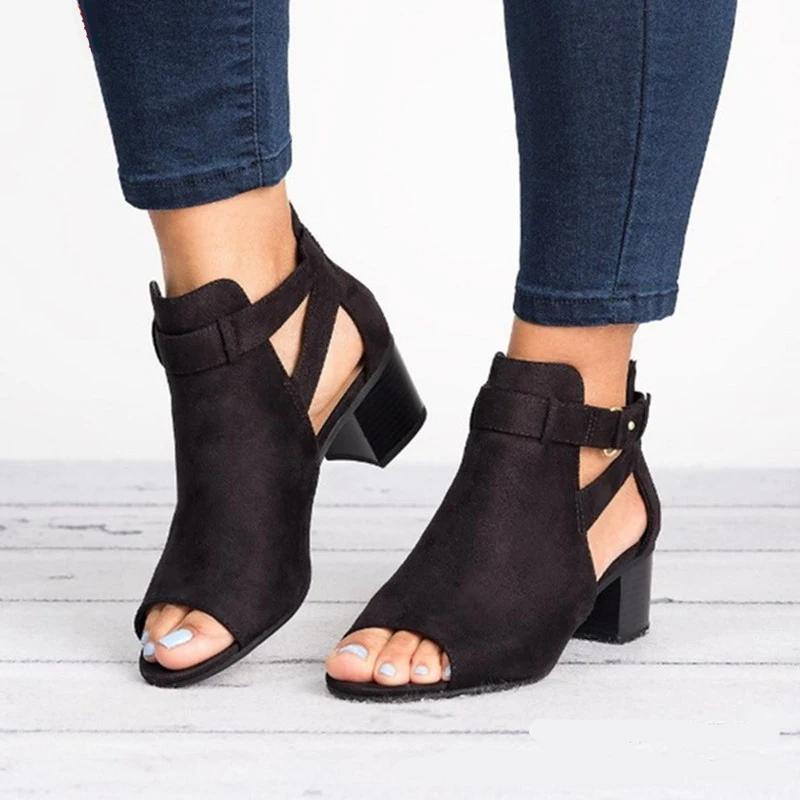 Sandale de damă cu tocuri înalte groase Soild Gladiator Open Peep Toe Pantofi negri pentru femei cu cataramă cu fermoar în spate Sandale de mujer