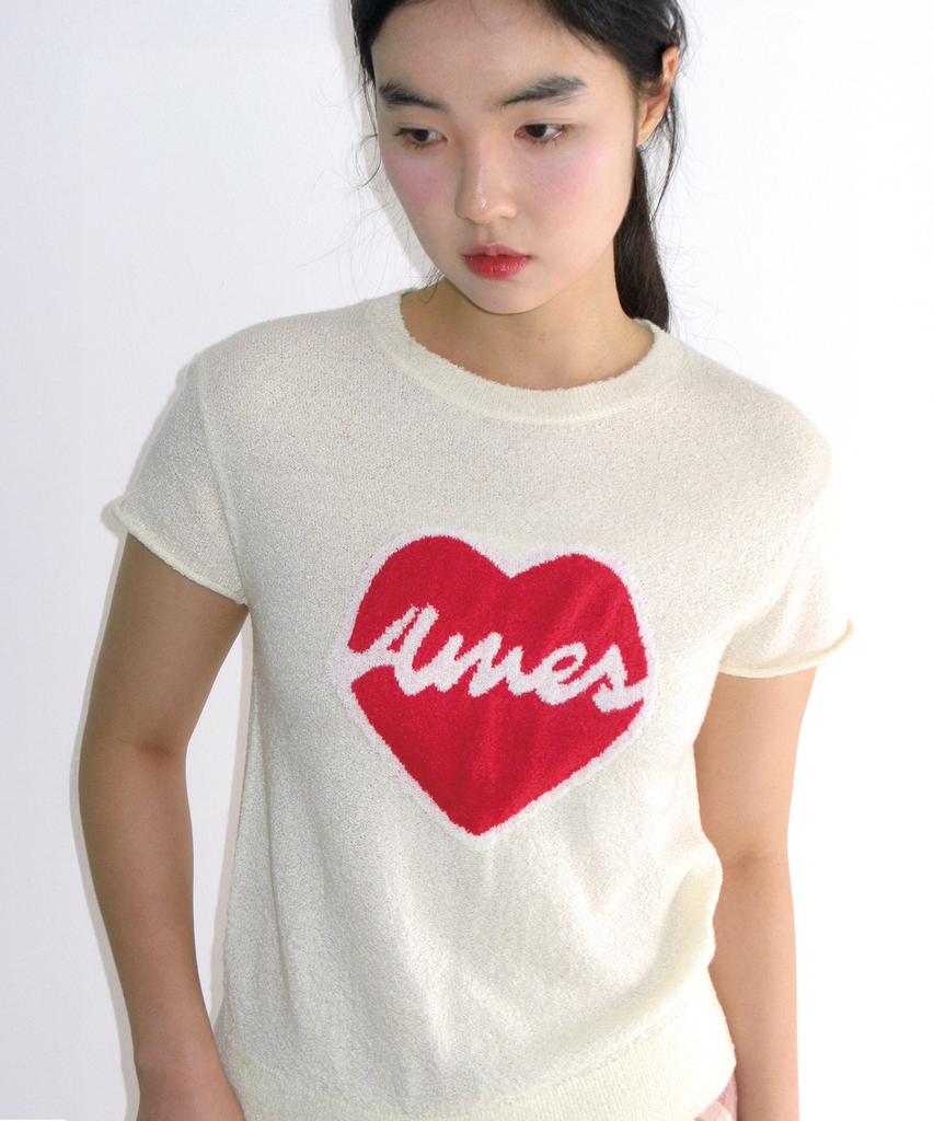 AMES-WORLDWIDE Heart Short Sleeve Knit Cream