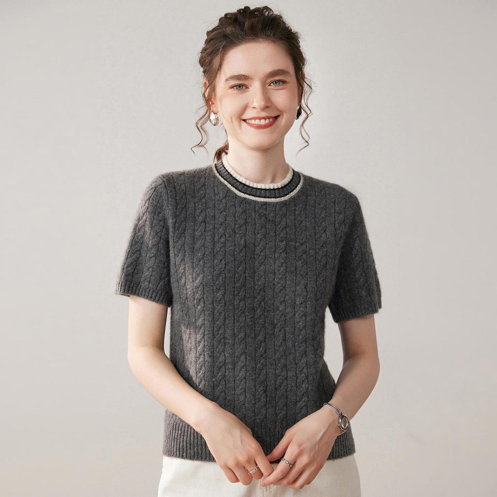 Women's Cashmere Color Block Short Sleeve Round Neck Loose Cable Knit Sweater