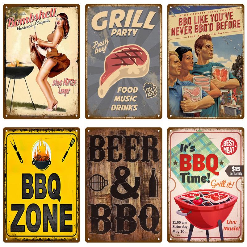 BBQ Zone  Home Decor Metal Tin Sign Vintage Dad`s BBQ Yard Outdoor Party Decoration Plate Retro Barbecue Rules Slogan Metal Sign