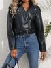 Women PU Leather Jacket Lady Motorcycle Leather Jacket  Lapel Zipper Faux Leather Short Coat with Belt