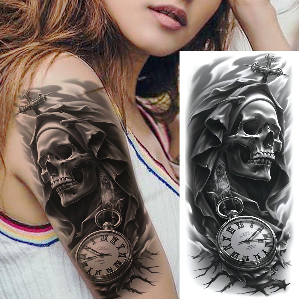 1 Sheet Scary Grim Reaper Skull Temporary Tattoos Halloween Tatoos Long Lasting Waterproof Tiger Wolf Beast Fake Tattoo Stickers