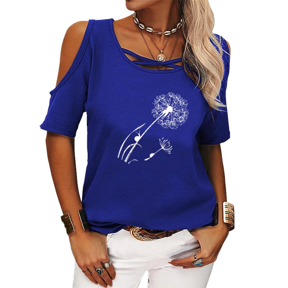 Women Fashion Off Shoulder T-shirt Ladies Casual Round Neck Floral Print Top Summer Short Sleeved Tee Shirt