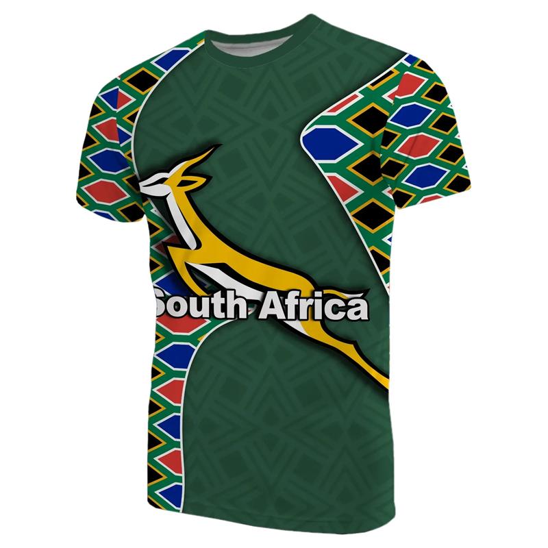 3D South African Map Flag Springbok Pattern Printed T-shirts Casual Short Sleeved Men's T-shirts - Medium Stretch Fabric Summer Relaxed Fit Clothing