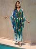 2024 Green Peacock Plume Printed Beach Dress V-neck Side Split Plus Size Kaftan Summer Boho Swimsuit Coverup For Women Cozy House Robe Q1588