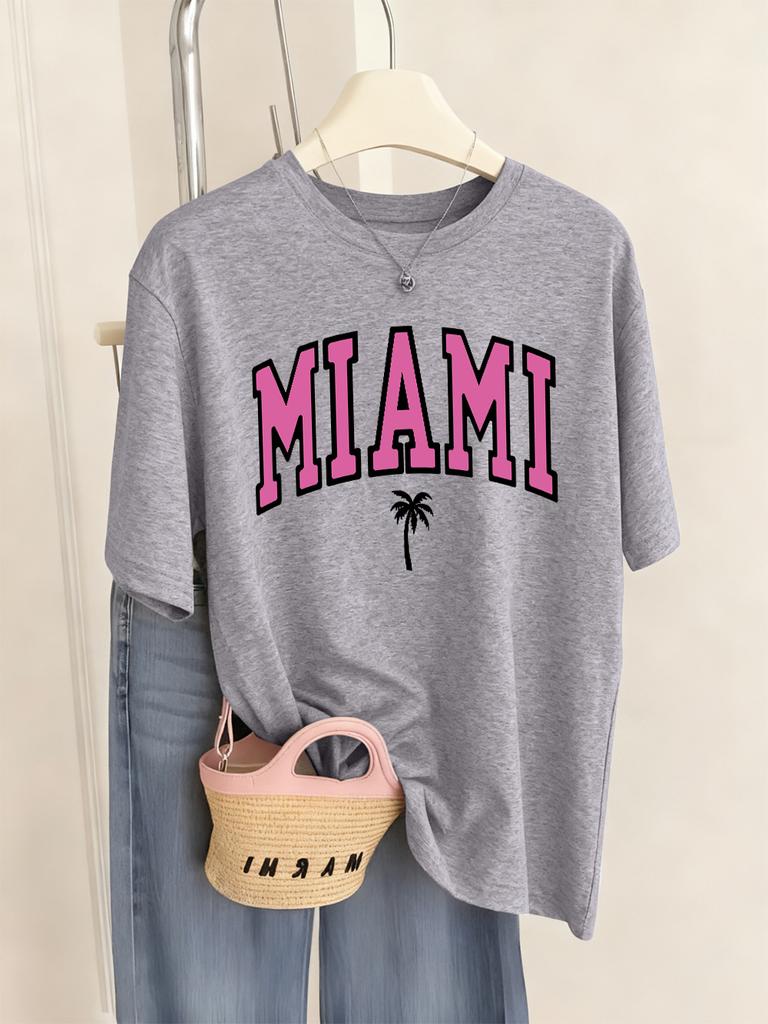 Футболка с принтом букв Miami Beach Женская Летняя с круглым вырезом Удобные Свободные Топы с коротким рукавом Повседневная Мягкая Женская Одежда