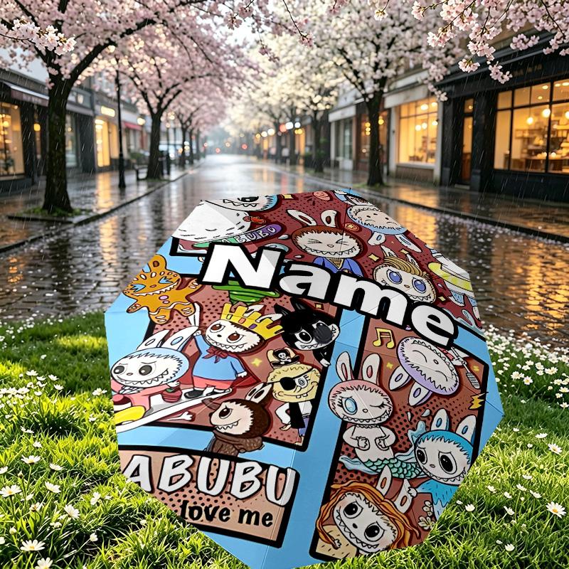 Custom Name Personalized Labubu Print Umbrella, Auto Open Close, 8‑Rib Sturdy Frame, Commute Camping Hiking Use, Birthday Gift