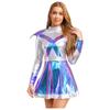 Womens Alien Astronaut Cosplay Dress Long Sleeve Flap Contrast Color Metallic Shiny A-line Space Warrior Dress
