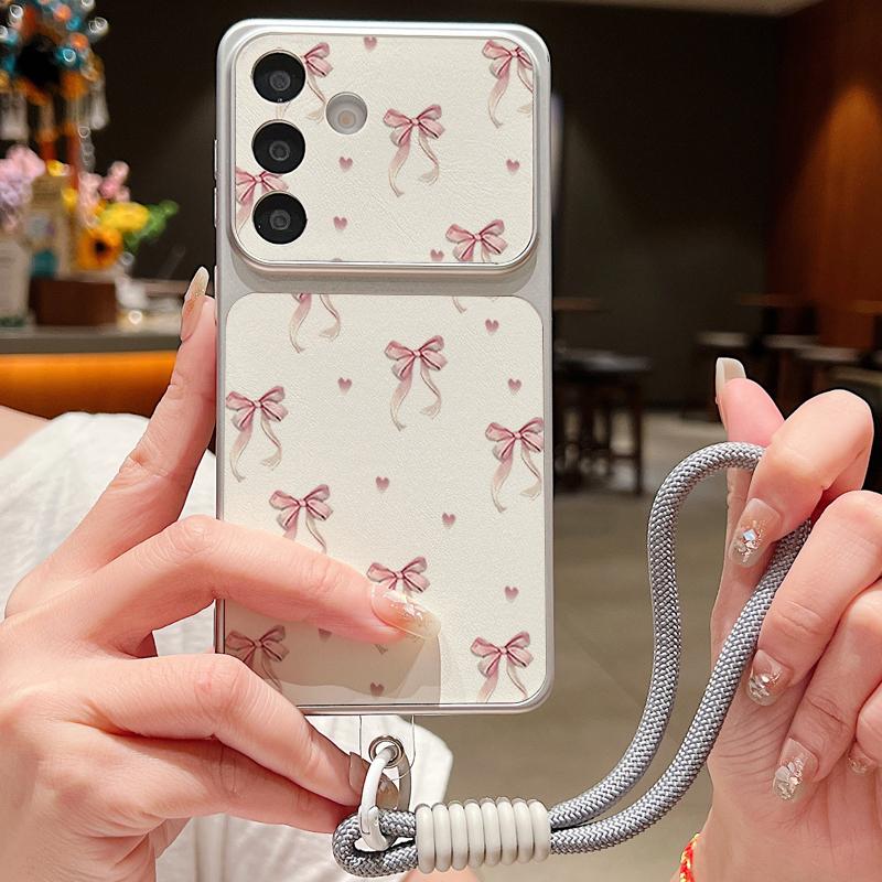 Чехол-ремешок из кожи с цветочным принтом и розовыми бантами для Samsung S26 S25 Ultra S24 S23 S22 Plus S21 FE A16 A17 A26 A36 A37 A54 A55 A56 A57 5G