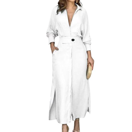 Женское платье с тонкой талией, длинными рукавами, разрезом по низу, однотонная рубашка с V-образным вырезом и лацканами