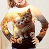 Spring and Autumn Round Neck Cute Cat Pattern 3D Printed Top Fashionable Casual Long Sleeved Children's Girl T-shirts