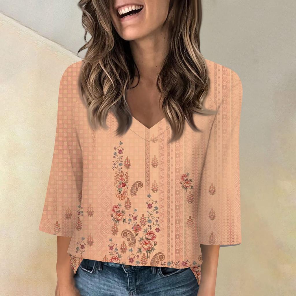 Женская мода и отдых Классический ретро-принт с рукавами 3/4 и v-образным вырезом реглан