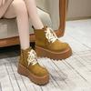 Fashion 8CM Women Flock Ankle Boots Winter Warm Fur Chunky Sneakers Lace Up Non-Slip Punk Shoes Breathable High Platform Motorcycle Boot