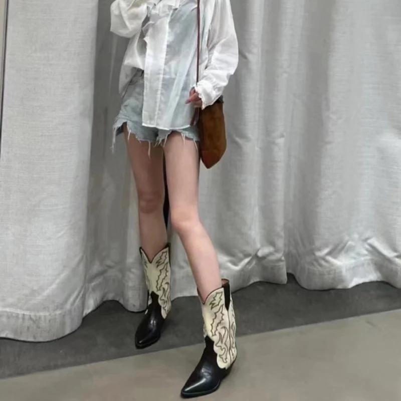 Модные женские ковбойские сапоги с вышивкой в стиле вестерн, модные длинные сапоги на толстом каблуке в стиле ретро, осенне-зимняя женская обувь