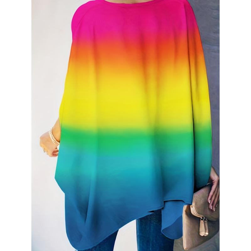 Plus Casual Size Tshirt Womens Plus Ombre Print Bat Sleeve V Neck Slight Stretch Oversized Tshirt