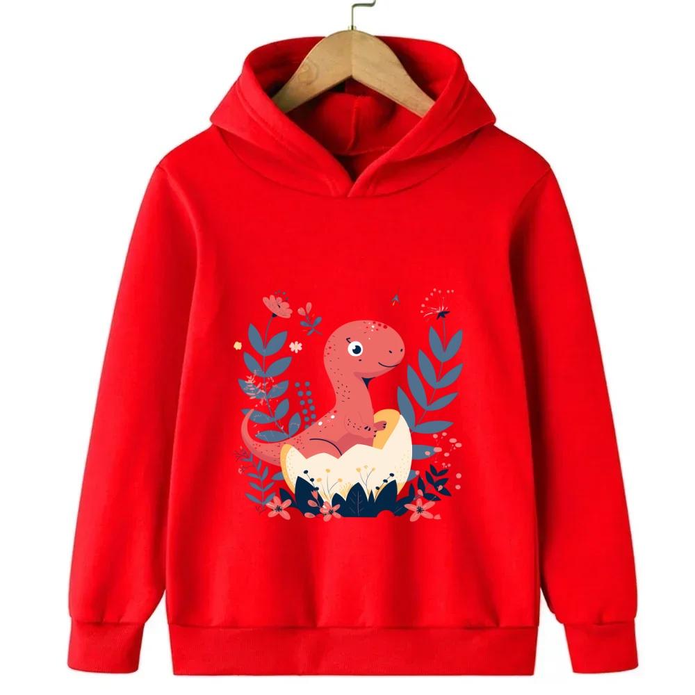 Red children's hooded sweatshirt cartoon dinosaur cute sweatshirt autumn and winter long sleeved boy and girl's favorite jacket