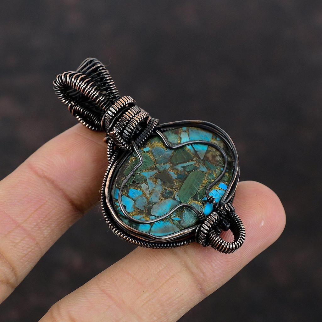 Медный малахитовый бирюзовый кулон, обернутый медной проволокой, ювелирное изделие, кулон с лунным камнем, драгоценный камень, подарок маме, кулон из медной проволоки ручной работы