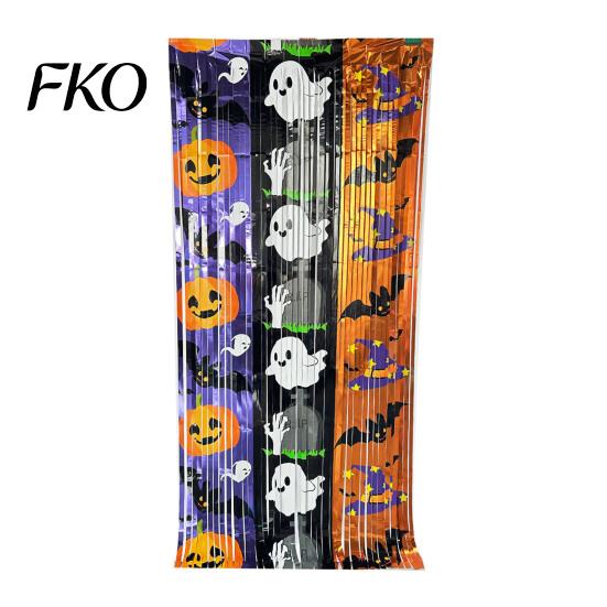 Halloween Tinsel Curtain Foil Fringe for Halloween, Orange Purple Black Background Event Decoration Photo Booth Props, Pumpkin Ghost Bat Party Shiny
