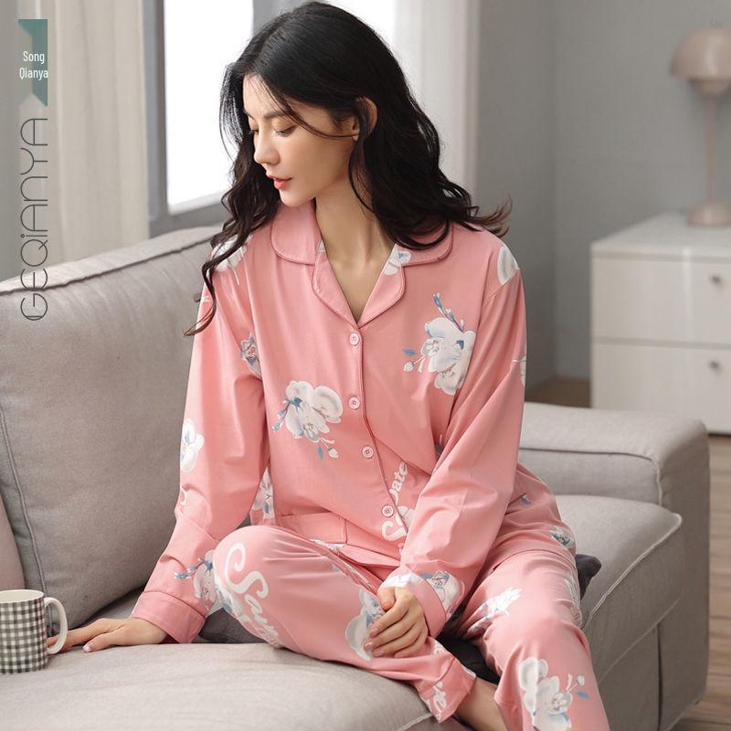Женская пижама с длинными рукавами из 100% хлопка на весну и осень: Домашняя одежда свободного кроя для женщин среднего возраста