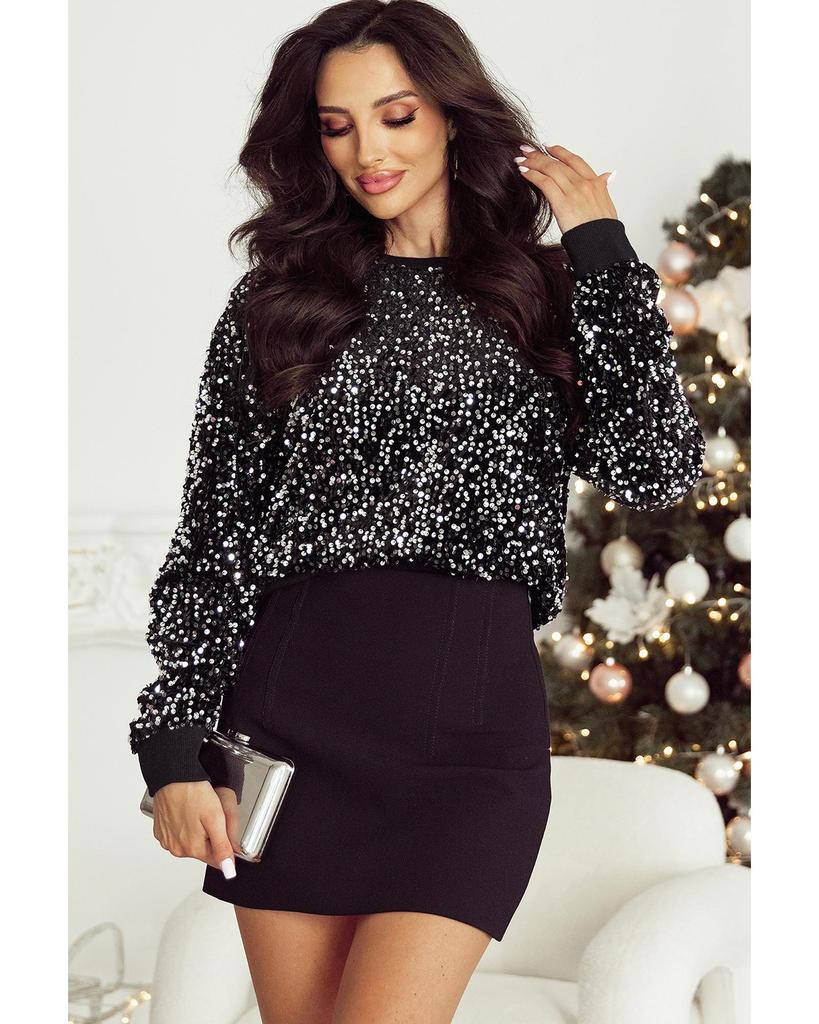 Azura Exchange Черная укороченная блузка с длинными рукавами и круглым вырезом, расшитая пайетками