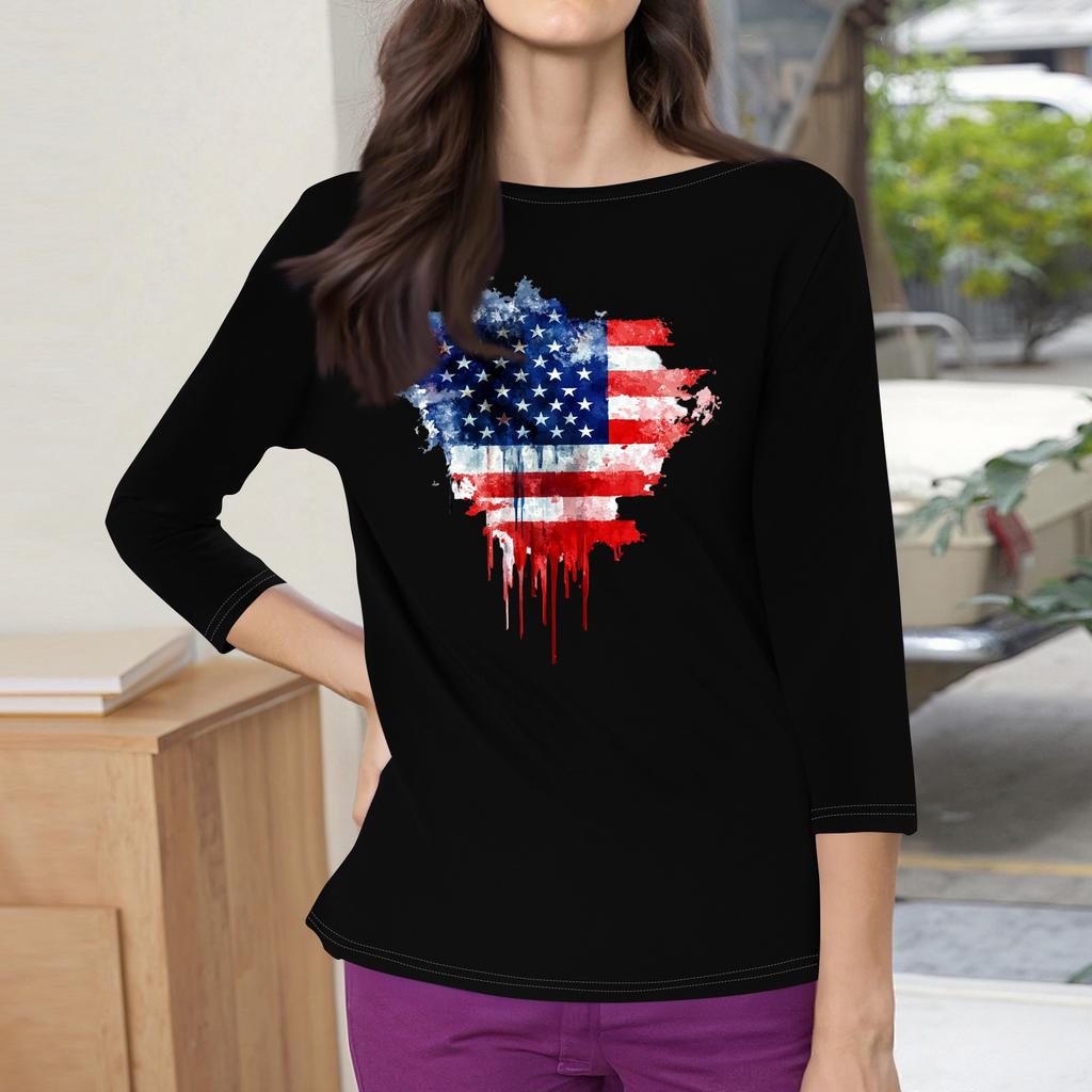 3/4 Sleeve Tops For Women T-Shirt Casual Print Tops T Shirt Round Neck Pullover Blouse