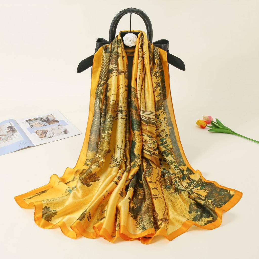 Весенне-летний тонкий атласный длинный платок в китайском стиле в стиле ретро Цинмин Шанхэ Ту Лицзин Элегантный женский солнцезащитный декоративный шелковый шарф
