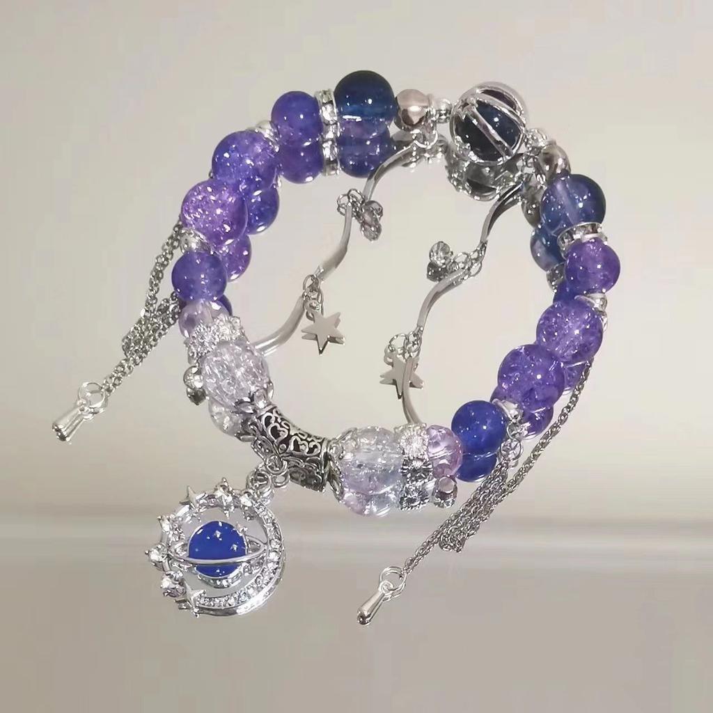Ice-clear purple butterfly tassel bracelet, niche design, high-value fairy-style handmade beaded bracelet