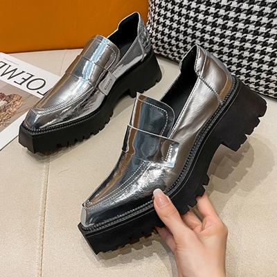 Модные ретро серебристые туфли Мэри Джейн на толстой подошве Женские модные туфли-лоферы с дизайнерской строчкой Брендовые лоферы Удобные для通勤 Офисные туфли Zapatos De Mujer