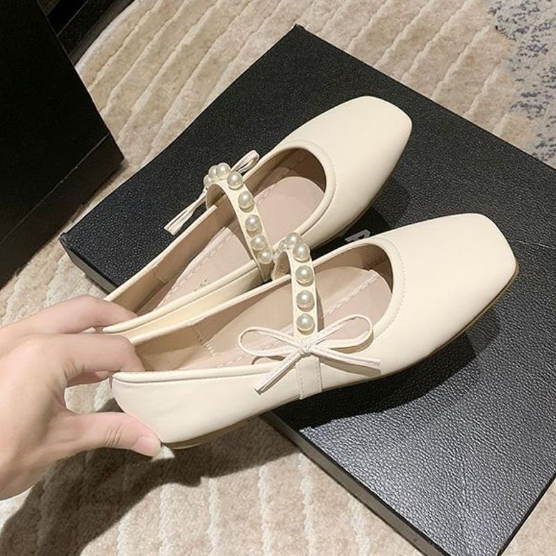 Fashion Mary Jane Women's Shoes 2025 Summer New Korean Version Fashion Shallow Mouth Flat Style Pearl Soft Bottom Small Pu Leather Shoes