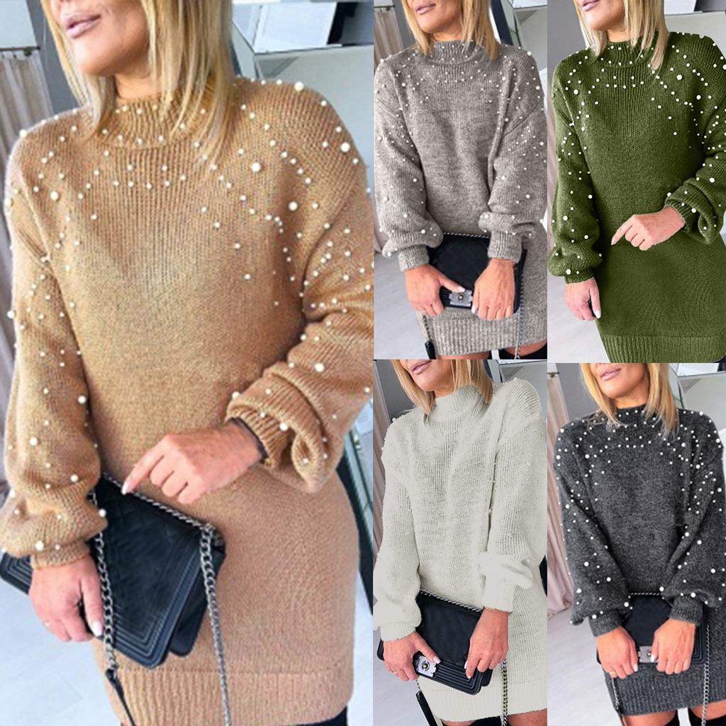 Women's New Sweater Long-Sleeved Pearl Dress Casual Top