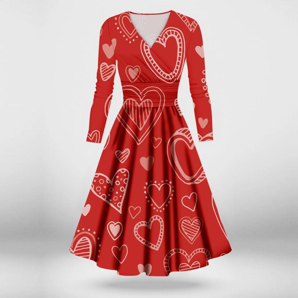 Ladies Fashion Casual Valentine's Day Print Long Sleeve V-neck Sexy Dress